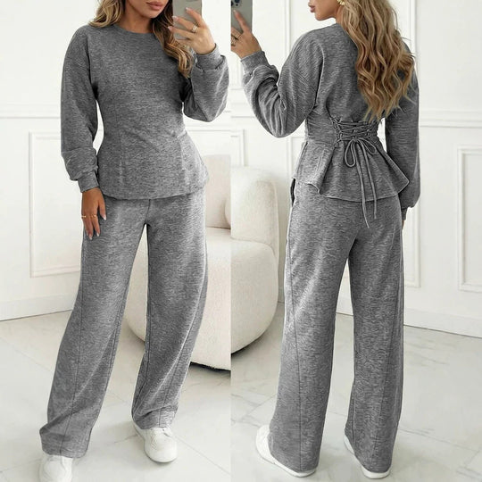 Damen Zweiteiliges Loungewear-Set aus Melange‑Jersey mit weitem Bein und Rundhalsausschnitt Shop Nory