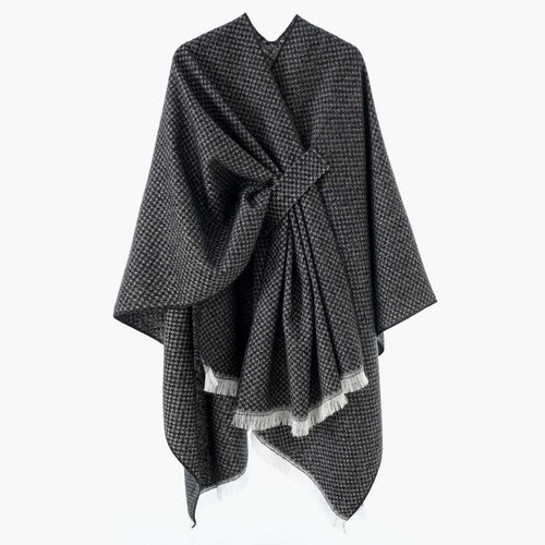Damen Umlegbarer Wollmix-Poncho mit Hahnentritt-Jacquard und Bindegürtel Shop Nory