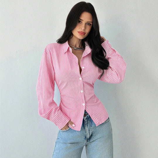 Damen taillierte gestreifte Bluse mit Kentkragen und voluminösen Ärmeln Shop Nory