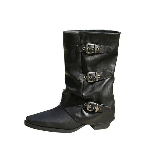 Damen Mid-Calf Stiefel mit spitzer Zehenpartie, dreifachen Zierschnallen und leichtem Blockabsatz Shop Nory
