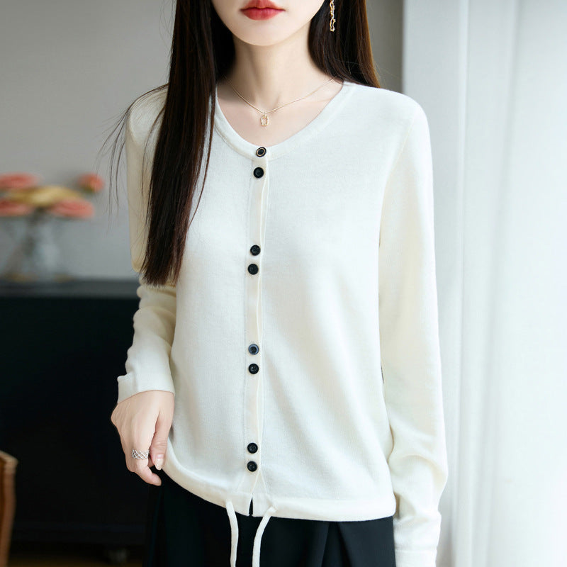 Damen Leichter Feinstrick-Knopfleisten-Cardigan mit Rundhalsausschnitt Shop Nory
