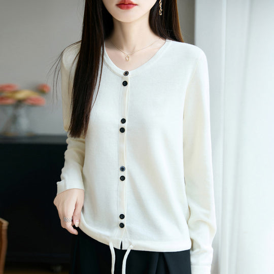 Damen Leichter Feinstrick-Knopfleisten-Cardigan mit Rundhalsausschnitt Shop Nory