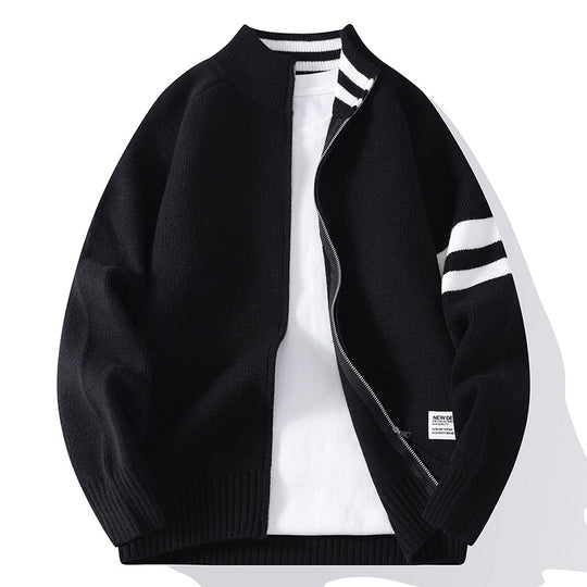 Herren gestrickte Zip-Cardigan im College-Stil mit gestreiftem Ärmelband und geripptem Stehkragen Shop Nory