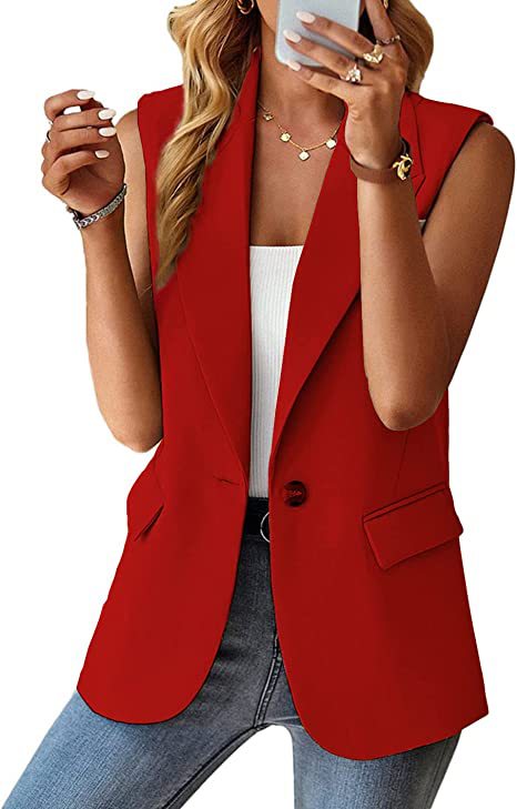 Damen Ärmellose Longline-Blazerweste mit Reverskragen, Single-Button und Pattentaschen Shop Nory