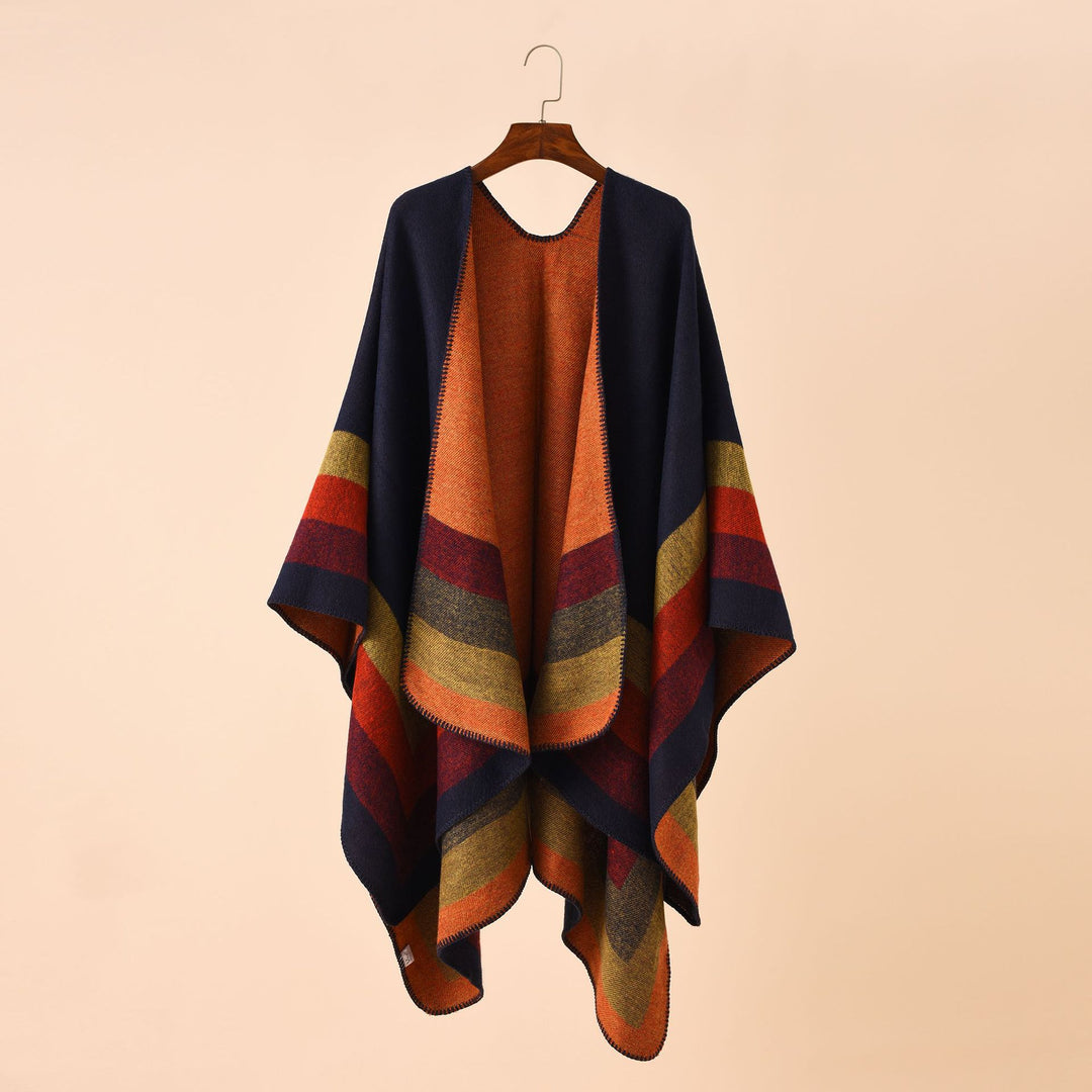 Damen Wolloptik-Poncho mit asymmetrischen Blockstreifen und Zierstichkante Shop Nory