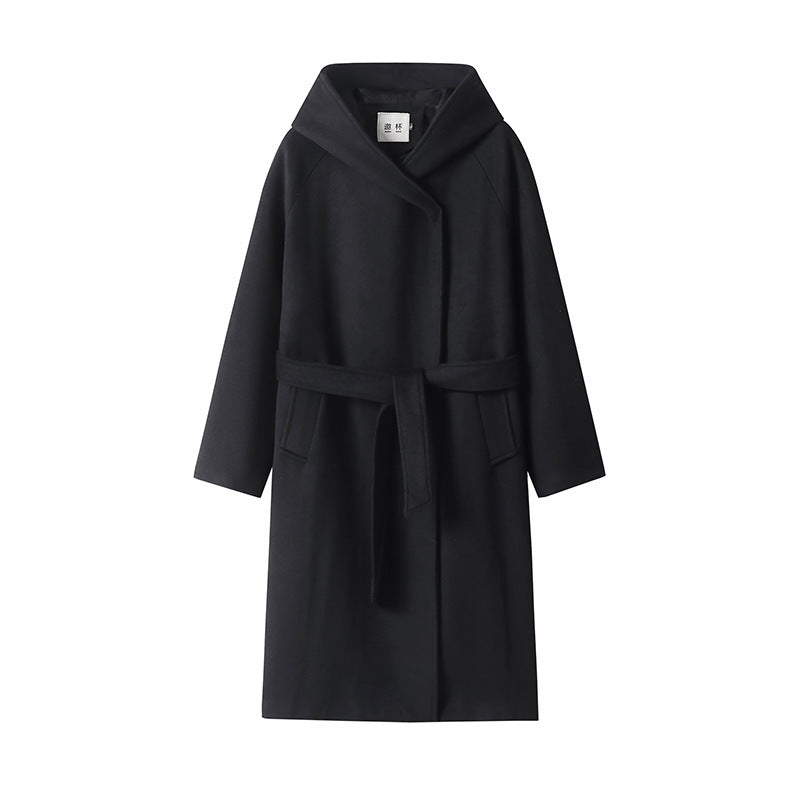Damen Maxi-Mantel mit überzogener Kapuze, Bindegürtel und minimalistischer Wollmix‑Silhouette Shop Nory