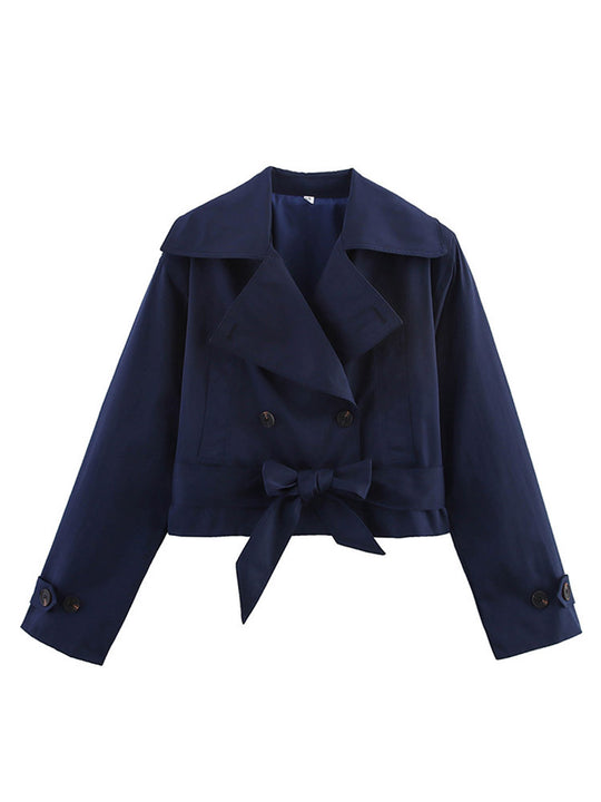 Damen Kurze Doppelreihige Trenchjacke mit Taillengürtel und weitem Revers Shop Nory