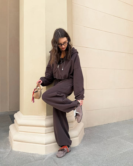 Damen oversized Kapuzenjacke mit Reißverschluss und weiten Jogginghose Lounge-Set Shop Nory