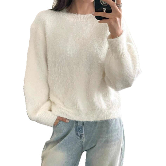 Damen Kurzgeschnitteter Flauschpullover mit Ballonärmeln und Rundhalsausschnitt Shop Nory