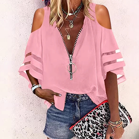Damen V‑Ausschnitt Bluse mit dekorativem Ringreißverschluss und Cut-Out-Ärmeln Shop Nory
