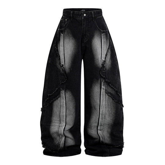 Damen Hochtaillierte weite Baggy-Jeans mit ausgefransten Lagenpanelen und Used-Look Shop Nory