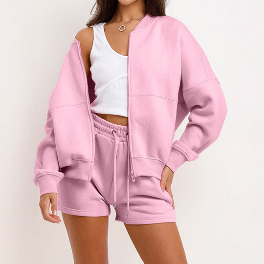 Damen nan zweiteiliges Sweat-Set mit oversized Reißverschluss-Jacke und elastischer Highwaist-Shorts Shop Nory