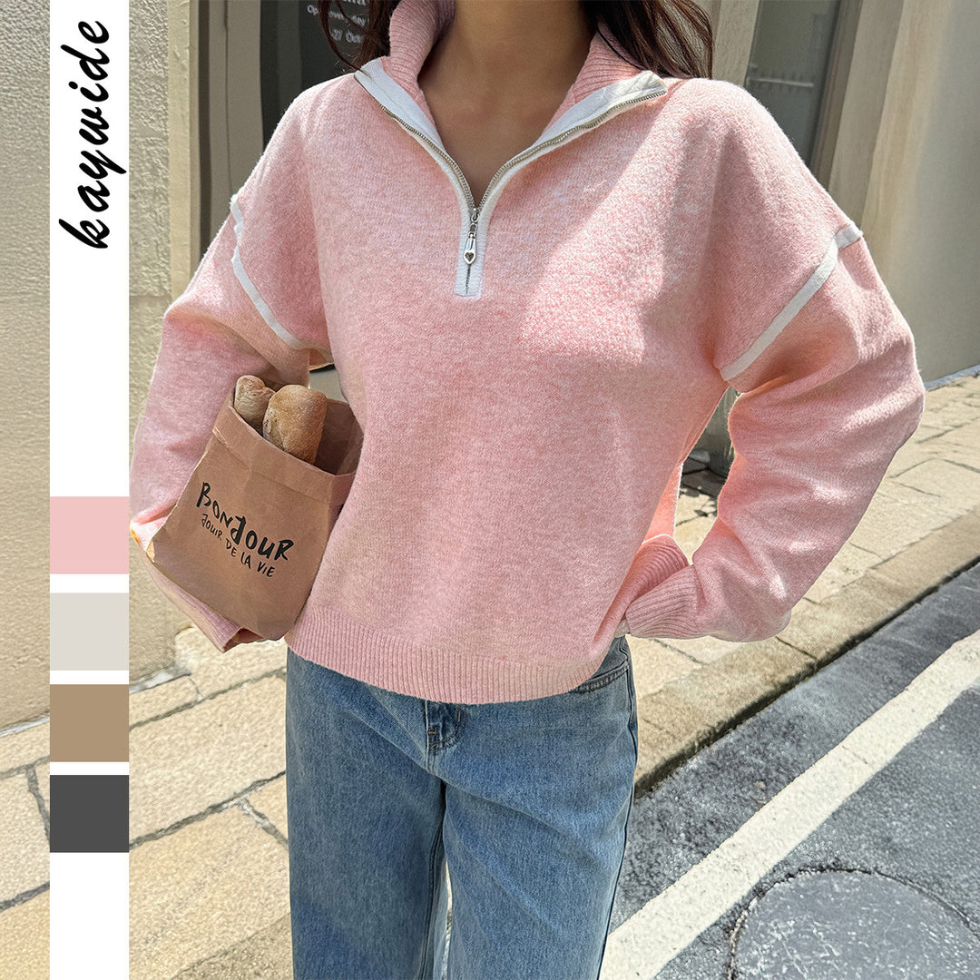 Damen nan oversized Strickpullover mit halbem Reißverschluss, Kontrastpaspeln und überschnittener Schulter Shop Nory