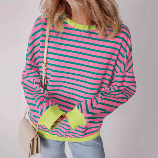 Damen lässiges gestreiftes Sweatshirt mit Boxy-Schnitt und kontrastierenden Abschlüssen Shop Nory