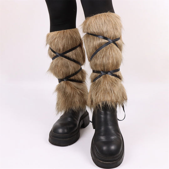 Damen Hochflor-Beinwärmer mit Kunstfelloptik und Wickelriemen Shop Nory