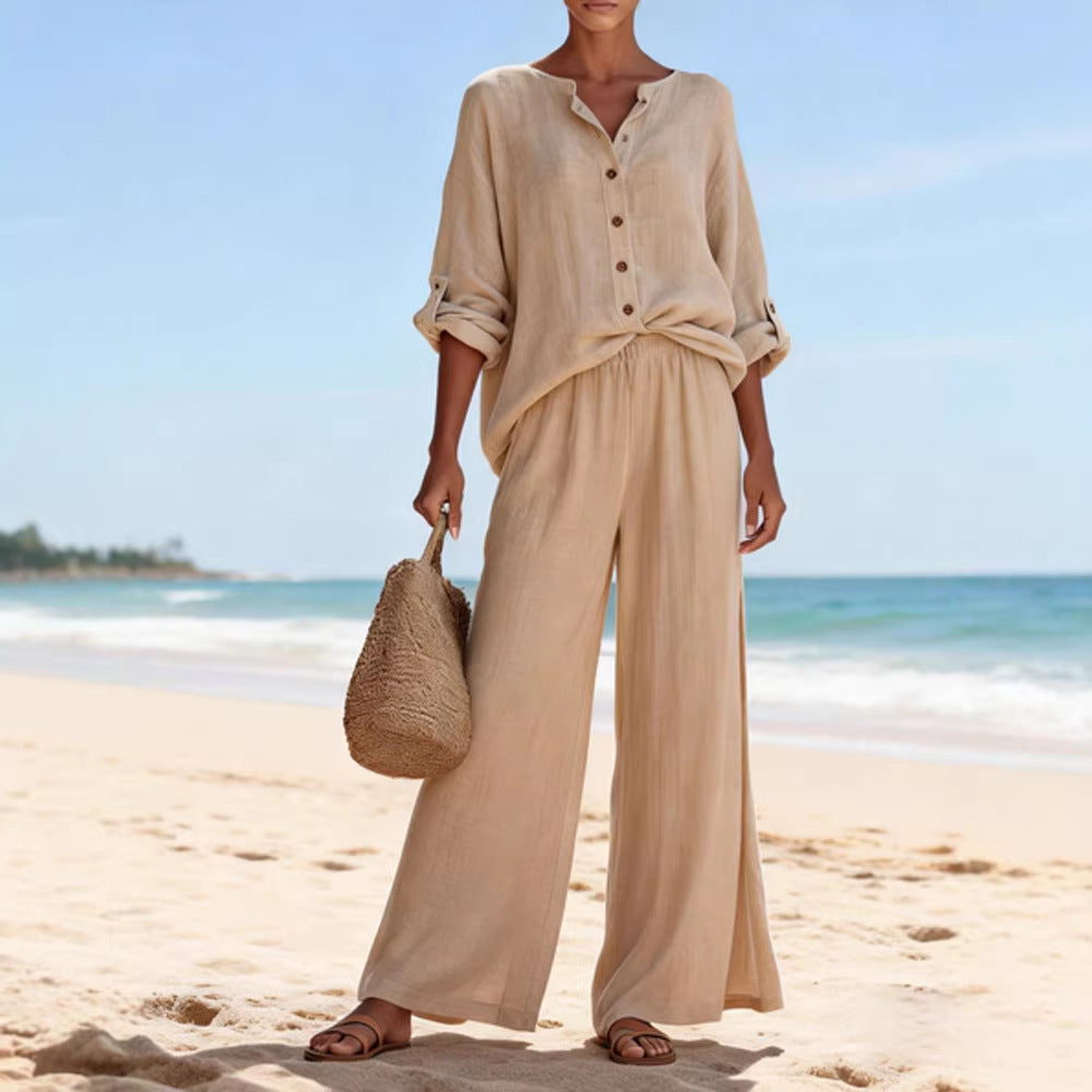 Damen Luftige Leinenbluse und weite Hose