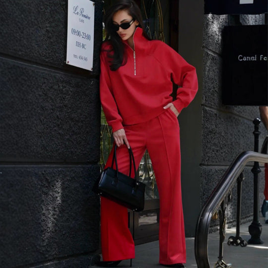 Damen Oversize-Halbreißverschluss-Sweatshirt mit weit geschnittener hochgeschnittener Palazzo-Hose Shop Nory