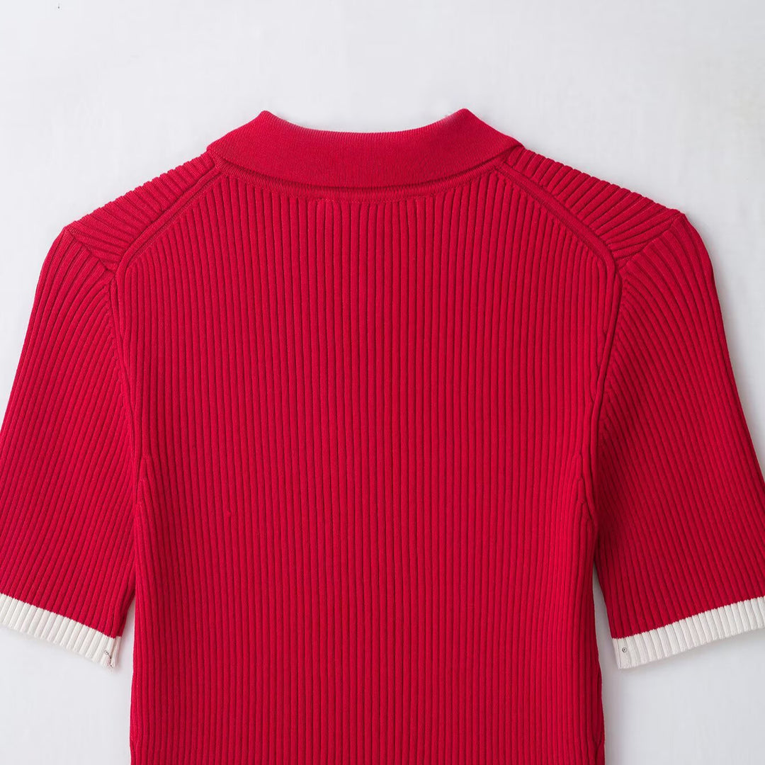 Damen Gerippte Kurzarm-Polo-Strickjacke mit durchgehendem Reißverschluss Shop Nory