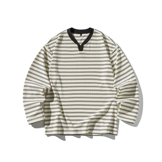 Unisex Gestreiftes Strukturiertes Longsleeve mit Notch-V-Ausschnitt und Rippenstruktur Shop Nory