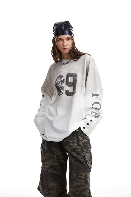 Herren Oversize-Longsleeve-Sweatshirt mit Print, verlängerten Manschetten und Used-Details Shop Nory