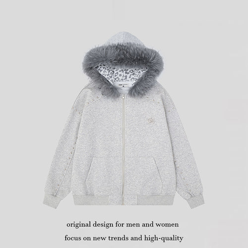 Damen Kapuzen-Sweatjacke mit Kunstfellbesatz, Leo-Innenfutter und Zier-Nieten Shop Nory