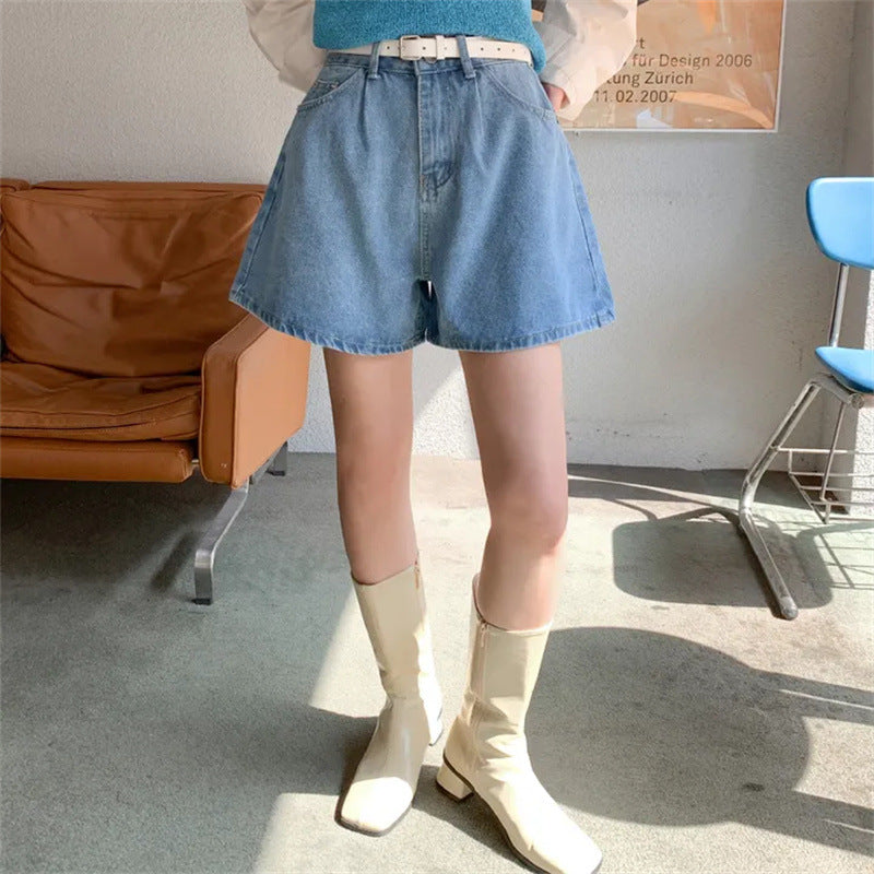 Damen Freizeit Jeans-Shorts mit hohem Bund und elastischem Gürtel