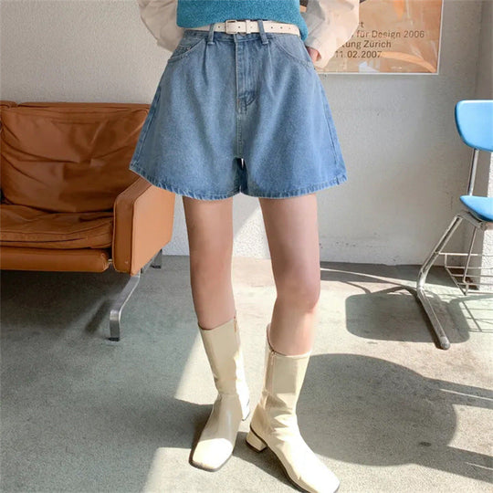 Damen Freizeit Jeans-Shorts mit hohem Bund und elastischem Gürtel