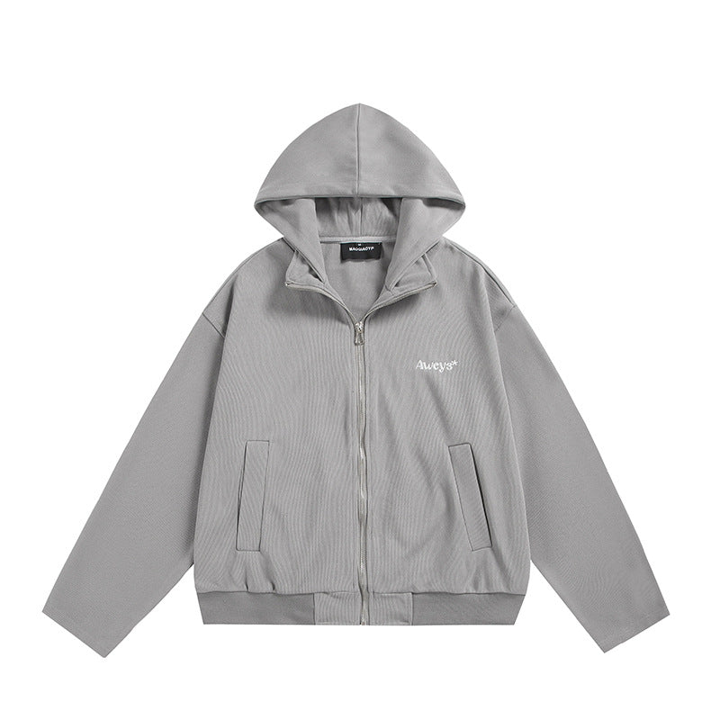 Unisex Oversize-Kapuzenjacke mit Zwei-Wege-Reißverschluss, geradem Saum und dezentem Logo-Emblem Shop Nory