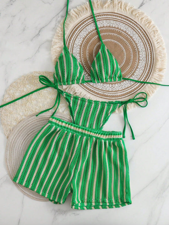 Damen Bikini-Set mit gerafftem Oberteil und hoch taillierten Shorts