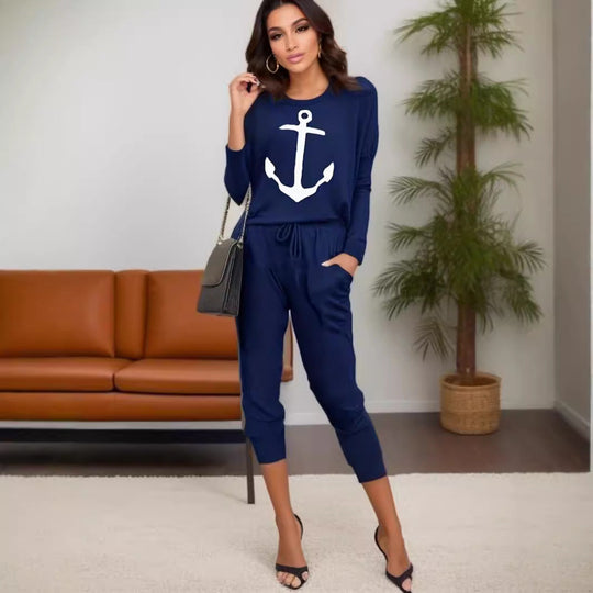 Damen lässiger Freizeitanzug mit Anker-Print und bequemen Taschen