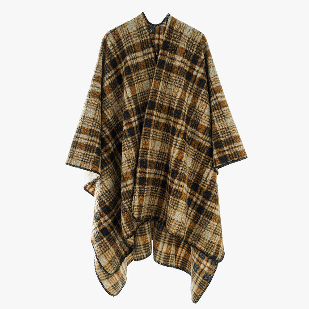 Damen Oversize Wollmix-Capeponcho im Rechteckschnitt mit Karomuster und dekorativer Kettelkante Shop Nory