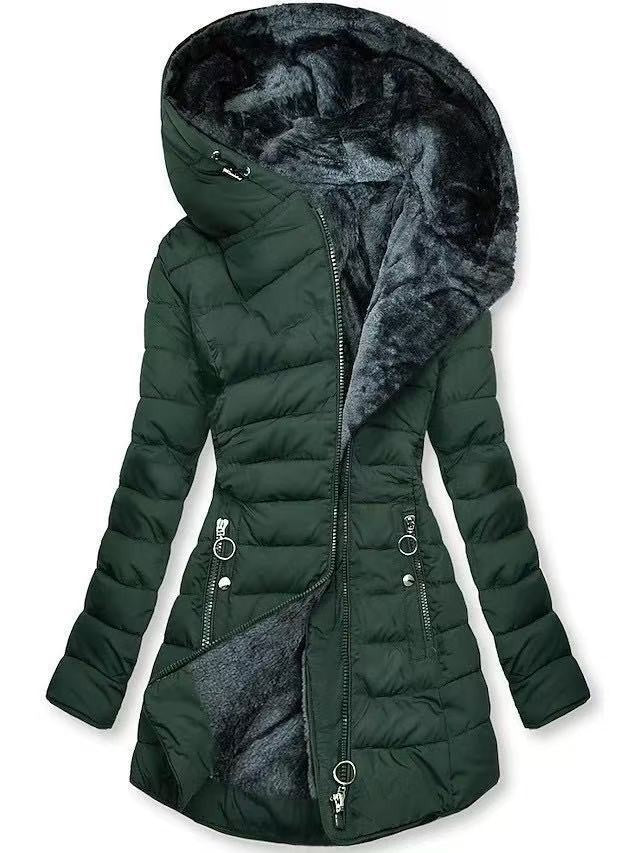 Damen Taillierter Steppmantel mit Oversize-Kapuze, kuscheligem Teddyfutter und Zierringen am Reißverschluss Shop Nory
