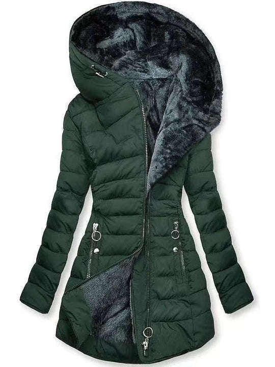 Damen Taillierter Steppmantel mit Oversize-Kapuze, kuscheligem Teddyfutter und Zierringen am Reißverschluss Shop Nory