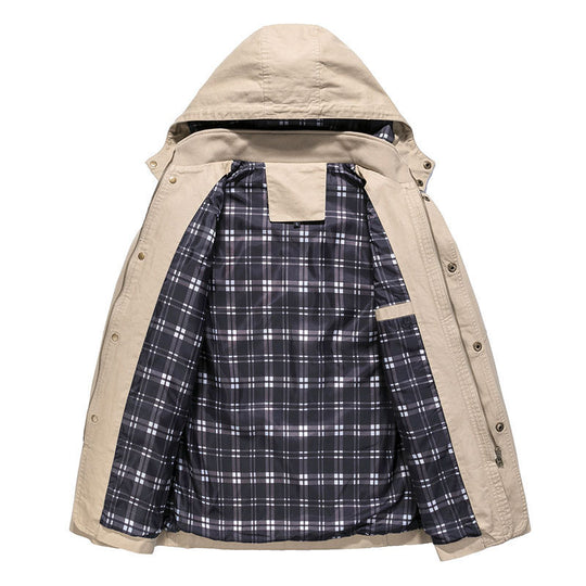 Herren Urbaner Baumwoll‑Hoodie‑Blouson mit Kapuze, kariertem Innenfutter und aufgesetzten Pattentaschen Shop Nory