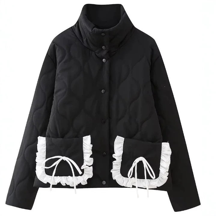 Damen Steppjacke mit Stehkragen und kontrastverzierten Rüschen-Taschen Shop Nory