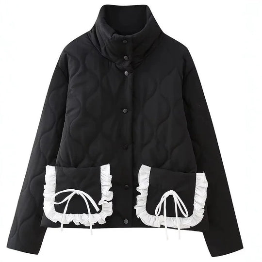 Damen Steppjacke mit Stehkragen und kontrastverzierten Rüschen-Taschen Shop Nory