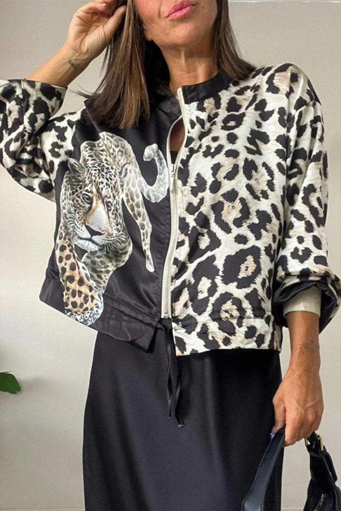 Damen entspannte Bomberjacke mit extravagantem Leoparden-Motiv