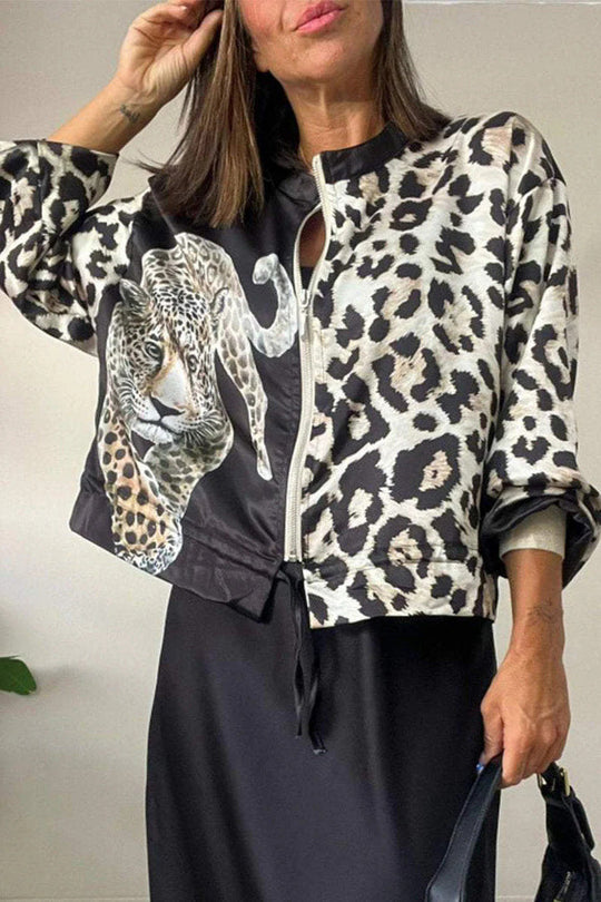 Damen entspannte Bomberjacke mit extravagantem Leoparden-Motiv