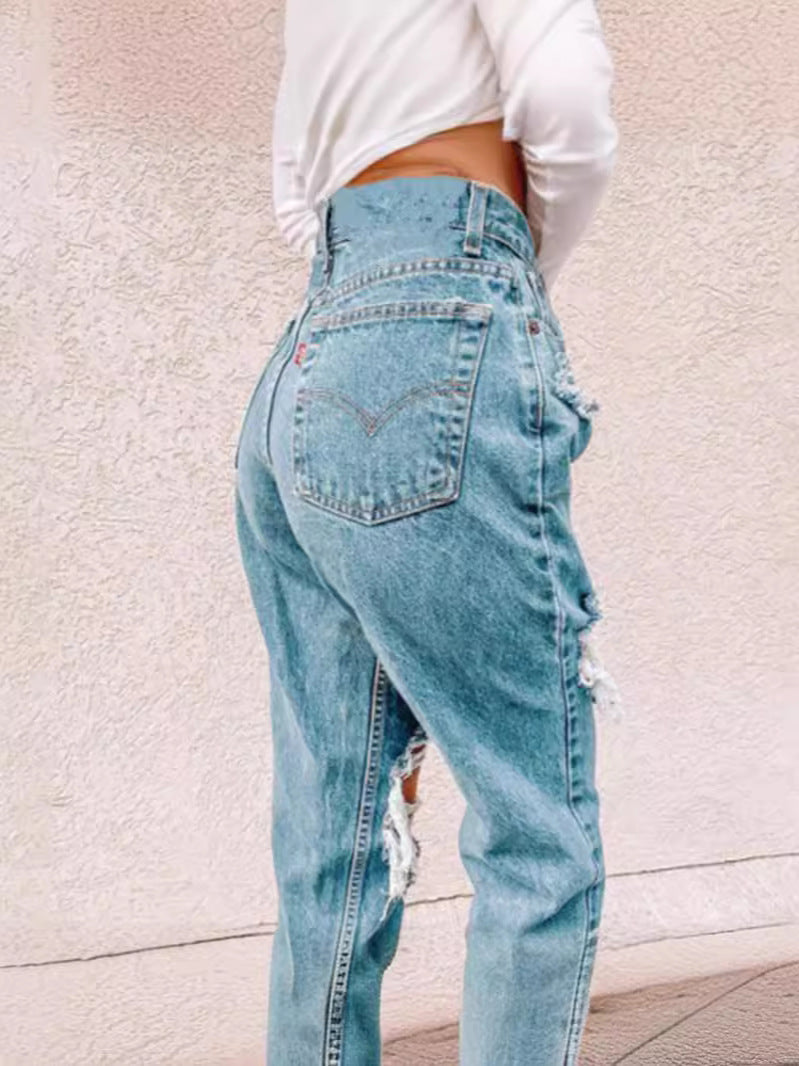 Damen Hochtaillierte Ripped Jeans mit fransigen Details