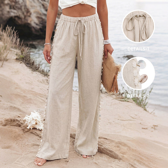 Damen Leichte Leinenhose mit weitem Bein, Kordelzug und geflochtenem Seitendetail Shop Nory