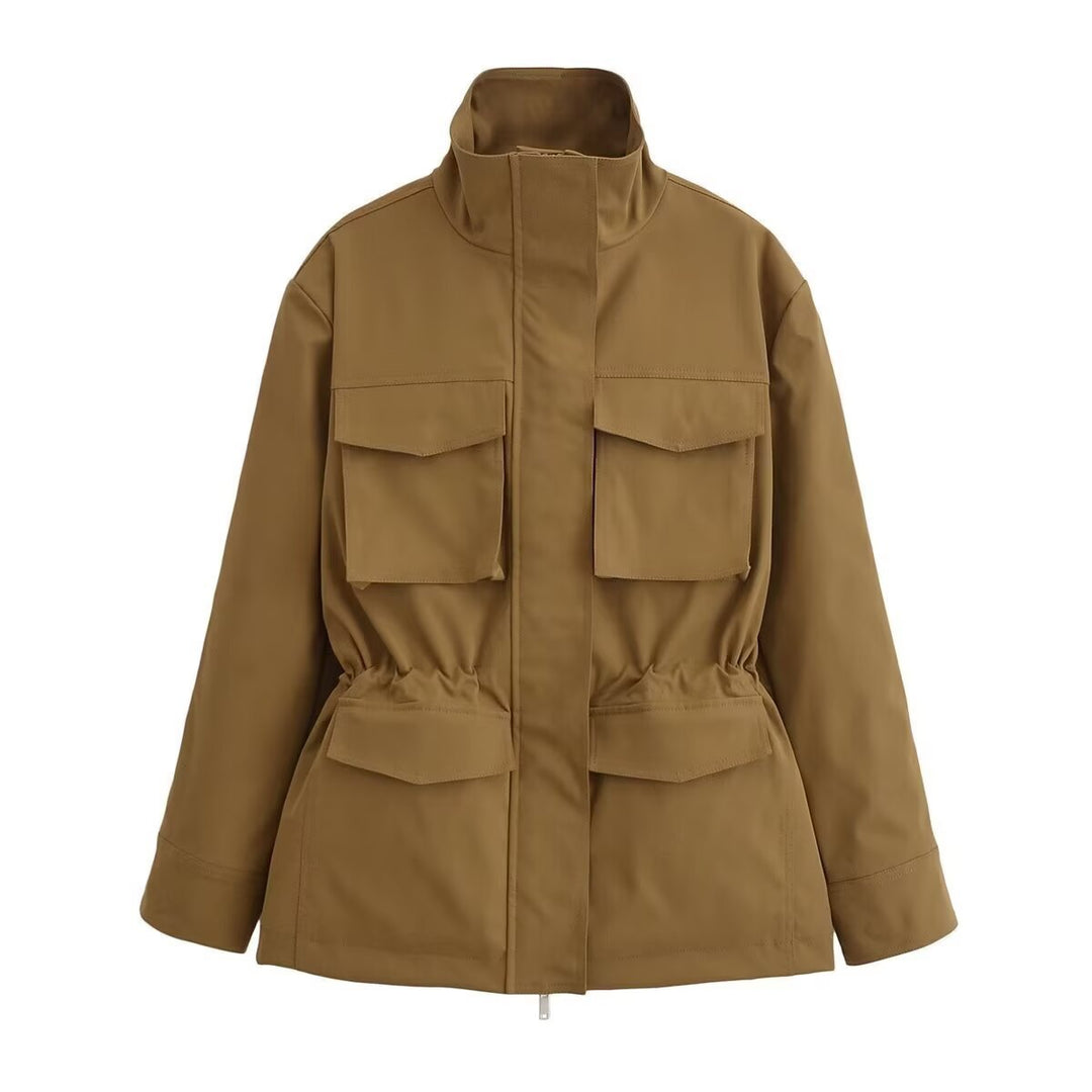 Damen Utility-Jacke mit Tunnelzugtaillen, Stehkragen und Pattentaschen Shop Nory