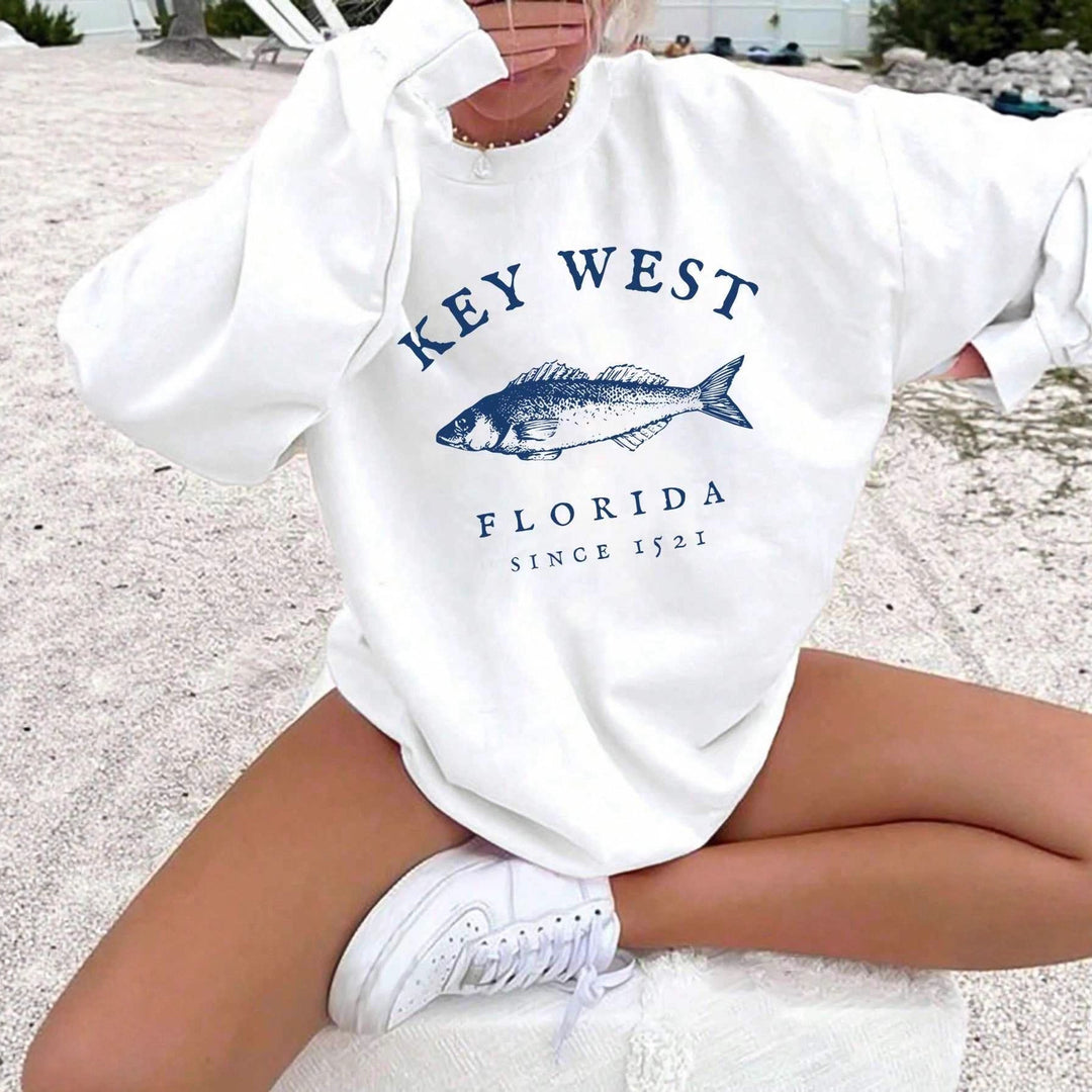 Damen nan Oversize-Sweatshirt mit maritimem Key-West Fischmotiv, dropped-Shoulder und weichem Baumwollmix Shop Nory