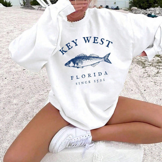 Damen nan Oversize-Sweatshirt mit maritimem Key-West Fischmotiv, dropped-Shoulder und weichem Baumwollmix Shop Nory