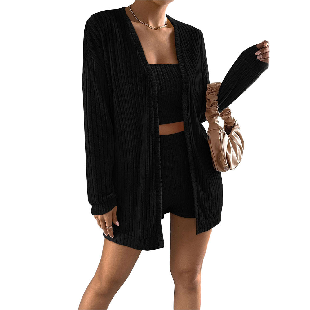 Damen gerippter Lounge-Zweiteiler mit offenem Longcardigan, tailliertem Bustier-Top und High‑Waist-Shorts Shop Nory