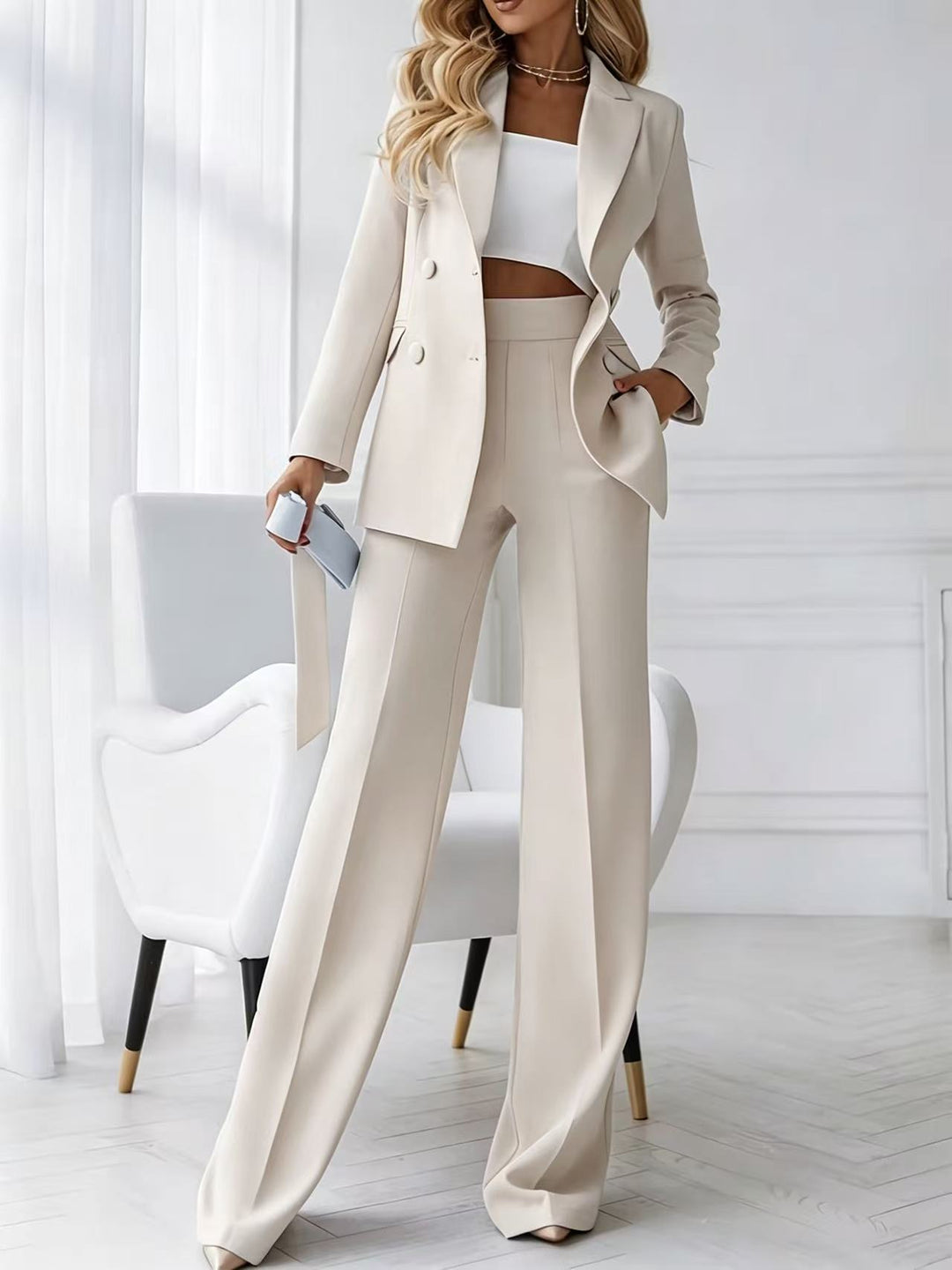 Damen Zweiteiliger Business-Hosenanzug mit tailliertem Zweireiherblazer und High-Waist Palazzo-Hose Shop Nory