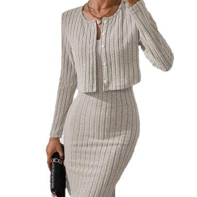 Damen Figurbetontes geripptes Strick-Zweiteiler mit Kurzcardigan und Bleistiftrock Shop Nory