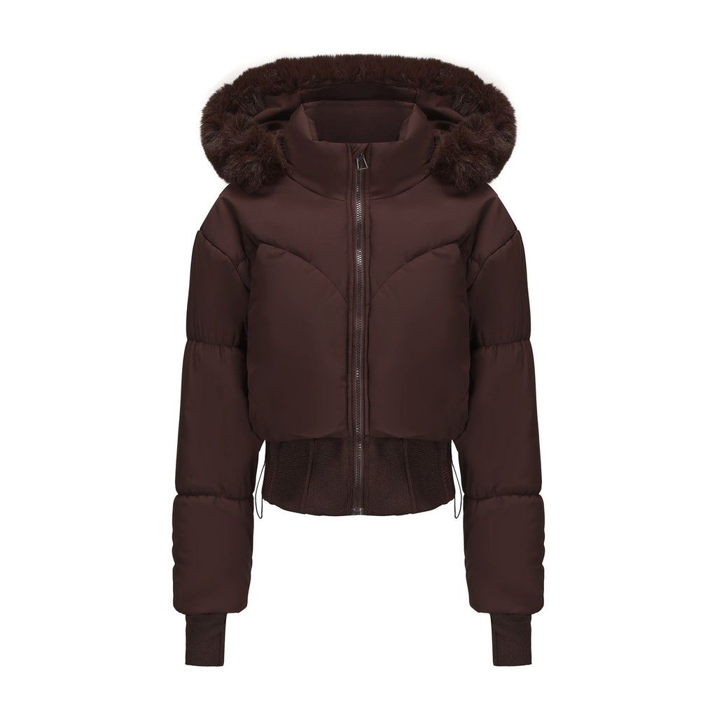 Damen cropped Daunenjacke mit abnehmbarer Kapuze und Kunstfellbesatz