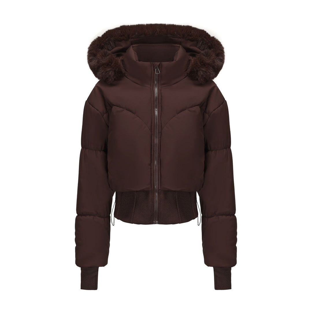 Damen cropped Daunenjacke mit abnehmbarer Kapuze und Kunstfellbesatz