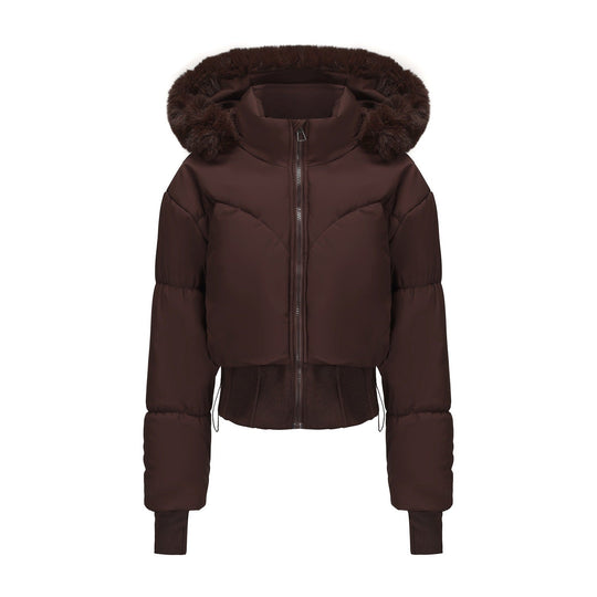 Damen cropped Daunenjacke mit abnehmbarer Kapuze und Kunstfellbesatz