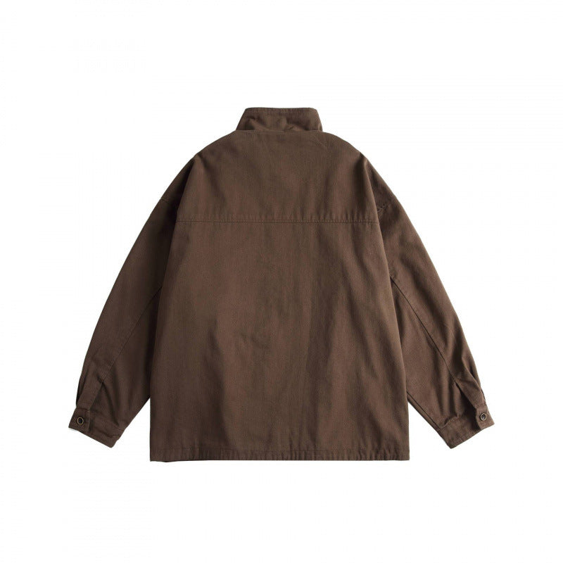 Unisex Kastenförmige Utility-Jacke mit hohem Stehkragen, durchgehendem Reißverschluss und Tunnelzug Shop Nory